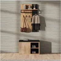 Flieks Garderoben-Set Garderobe mit Schuhbank in Holzoptik, (2-St), Schuhbank mit Sitzkissen, Paneel mit Haken und Ablagen