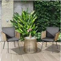 Outsunny Gartenlounge-Set Rattan Gartenmöbel-Set mit 2 Gartenstühle, Beistelltisch, (Sitzgruppe, 3-tlg., Gartengarnitur), für Balkon, Stahl, Grau