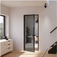 inova wohnen Zimmertür Glastür mit Stahlrahmen schwarz Grauglas, Komplett Set mit Türzarge und Griffstange Loftstyle
