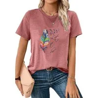 PYLIKE Print-Shirt Damen Böhmen Kurzarmshirt mit Feder Druck bequemes t shirt Bequem für Freizeit und Büro,Strandurlaub
