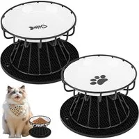 Vornix Futternapf Katzennapf Erhöht, 2 Stück Katzennapf aus Keramik, mit Napfunterlage Silikon Und Metallständer, Zervixschutz-Katzennapf, 15 cm Durchmesser,10cm Metallständer