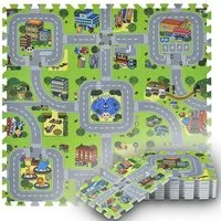Juskys Puzzlematte Jascha, Straßenteppich, Stadt mit Straßen, Tieren und viele Details