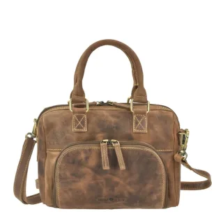 Handtasche Damen 3 Reißverschlussfächer Leder antikbraun 28x21cm | Greenburry Vintage Umhängetasche Organizer für Alltag und Büro mit viel Stauraum.