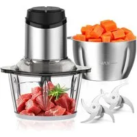 TUWENA Zerkleinerer 2L+2L Fleischwölfe Zerkleinerer Elektrisch Häcksler Edelstahlklingen, Fleischwolf, Chopper für Fleisch, Babynahrung, Obst, Gemüse