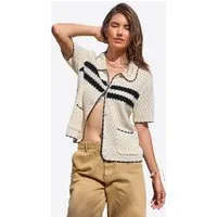 Imily Bela Cardigan Damen Kurzarm mit Lochmuster Polokragen und Kontraststreifen Sommer (Packung, 1-tlg., 1per-Pack) gehäkelt mit Spitze