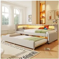 Merax Daybett mit Ausziehbett 90x190cm (Kinderbett Jugendbett, 1 tlg), Polsterbett 90x200cm Tagesbett Schlafsofa mit LED und USB, Leinen