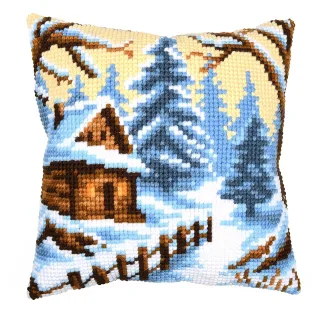 Kreuzstichkissen "Hütte im Schnee"