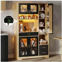 Flieks Küchenbuffet mit Steckdosen, LED-Beleuchtung und verstellbaren Einlegeböden (1-St., B105/T40/H185 cm) Hochschrank Küchenschrank mit Glastüren und Schubladen Holzoptik