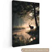 OneMillionCanvasses® Leinwandbild Hirsche - Waldbach - Mystisch, Fotodruck (1 St), Leinwand Canvas Wandbild, Wanddekoration 20x30 cm