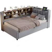 MODFU Schlafsofa Mit Hydraulischem Stauraum, Nachtlicht, USB & Typ-C Ladeanschlüssen, Samt,Polsterbett mit Ablagen und Staufächern, Multifunktionales Kinderbett 90x200 cm, ohne Matratze