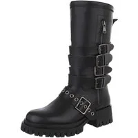 Ital-Design Modische Stiefel mit Schnallen und Reißverschluss für Damen Plateaustiefel (90482709) Blockabsatz Stiefel in Schwarz