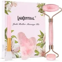 cofi1453 Massageroller Roller & Gua Sha Set aus Rosenquarz – gegen Schwellungen & Falten, Beauty-Set, 3-teiliges Massage-Set, Kühlender Naturstein, Unterstützt Lymphdrainage, Fördert Durchblutung
