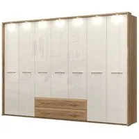 OTTO home Kleiderschrank Gala, beige hochglänzend UV lackiert, kratzfest, FSC-zertifiziert (abgerundete Schubladen aus MDF im Holzdekor, soft-close) mit Beleuchtung und Passpartourahmen, hoher Schrank (224cm), 4 Breiten