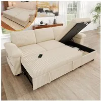 Merax Ecksofa mit Schlaffunktion, ausziehbares Schlafsofa mit Stauraum-Ottomane, links/rechts montierbar Ecksofa Couch 1 Teile, Sofa mit verstellbarer Rückenlehne, USB/Type-C Ladeanschluss,Cordstoff