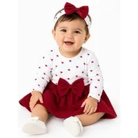Lorey Medtec Kleid & Haarband Baby Mädchen Kleid, Stirnband, Rot/Weiß mit Herzmuster, 100% Baumwolle (Kleid + Stirnband)