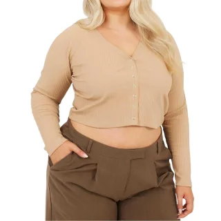 Brave Soul - Kurzes Top für Damen, V-Ausschnitt, Plus, Langärmlig (Braungrau)