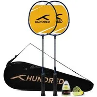 hundred Badmintonschläger Powertek Star Badminton Set zwei Schlägern und Zubehör Komplettpaket, (Badminton Spielset, 2 Schläger, Schutzhülle, Federbälle), Leichtbauweise, spielbereit, ideal für Anfänger