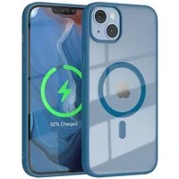 EAZY CASE Handyhülle Transparente Hülle mit MagSafe für iPhone 14 Plus 6,7 Zoll, Silikon Handyhülle, Schutzhülle mit Kameraschutz, Etui magnetisch Blau