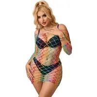 Lau-Fashion Bodystocking Catsuit Neon Rainbow Fishnet Transparent Body Stocking Dessous S/XL