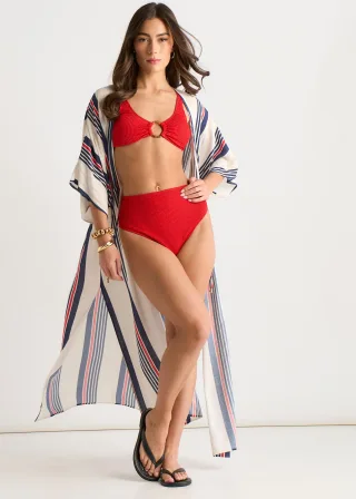 Kimono-Strandkleidung mit mehrfarbigen Streifen und Krawatten-Detail