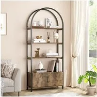 GarveeMore Bücherregal Gewölbtes mit 2 Türen,stabilem Metallrahmen,181cm, 4-stöckiges gewölbtes Ausstellungsregal für Büro,Schlafzimmer,weiß