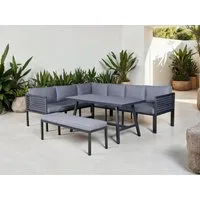 KONIFERA Gartenlounge-Set Ecklounge »Edessa«, (Set, 14-tlg., 2x 3er Sofa, Tisch 70x140x69 cm, 1 Sitzbank, inkl. Auflagen), Armlehne mit Seilgeflecht und Nonwood-Latten