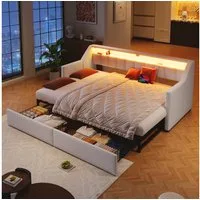 Flieks Daybett, Polsterbett 90/180x200cm mit USB-Aufladen, LED-Leiste und 2 Schubladen