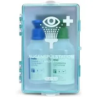 FLEXEO Erste-Hilfe-Set Augenspülstation inkl. 500ml NaCl 250ml Phosphatpufferlösung, (1 St), Augenspüllösung mit Wandhalterung