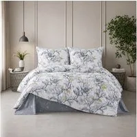 ZIRVEHOME Bettwäsche Baumwolle Bettbezug Blumen Design in Grau Weiß mit Gelben Akzenten, Renforce, 3 teilig, 200x200 Bettbezug Baumwolle Blumen Grau Weiß mit Gelben Akzenten