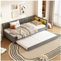 Flieks Daybett, LED Polsterbett Schlafsofa 90x200cm & Ausziehbett 90x190cm & Aufladen