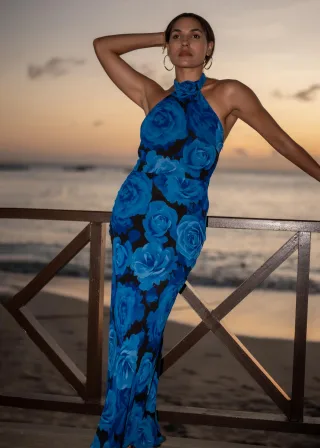 Blaues Floral Anlass Halter Maxikleid