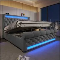 BlingBin Polsterbett Stauraumbett (1-tlg., Funktionsbett mit Lade- und Lichtfunktion für gemütliche Schlafzimmer), mit LED-Beleuchtung, USB- & Type-C-Ladestation und stilvollem Samt