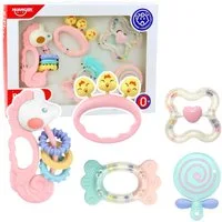 Wisam Lernspielzeug Set sensorischer Rasseln und Beißringe für Babys, Rosa, 5-teilig