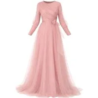 Modavitrini Tüllkleid Maxikleid langarm Abendkleid festlich elegant mit Gürtel bodenlang gefüttert, blickdicht