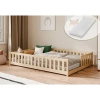 Kids Collective Kinderbett Bodenbett mit Rausfallschutz & Lattenrost Montessori Betten Kinder (Verfügbare Größen: 80 x 160, 80 x 180, 90 x 190, 90 x 200, 120 x 200, 140 x 200 cm), Jugendbett Einzelbett Kiefer mit Matratze Natur 140x200 cm