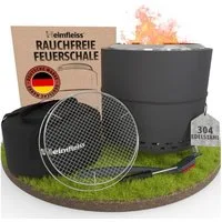 Heimfleiss® Feuerschale Rauchfreie Feuerschale mit Grillrost aus Edelstahl, Schwarz: Low-Smoke Feuerstelle Ø50cm mit Grillzubehör