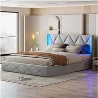 ADWOLT Stauraumbett Polsterbett Doppelbett mit LED-Beleuchtung Kopfteil (Bettgestell mit Metallrahmen und Lattenrost), Hydraulisches Funktionsbett, ohne Matratze, Grau, 140x200cm
