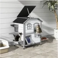 PawHut Tierhöhle Katzenhaus aus Holz, Outdoor Katzenhütte mit Treppe, 2-Etagen, für Katzen bis 4,5 kg, Weiß, 78 x 55,5 x 91 cm