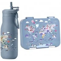 JENARD Lunchbox Brotdosen Set Kinder mit Edelstahl Trinkflasche Weltkarte mit Tiere, Edelstahl, PP, (Brotdosen- und Trinkflaschen-Set, 2-tlg., 2-teiliges Set, Brotdose und Trinkflasche, Kindergarten-Set, Schul-Set), BPA-frei, Lebensmittelecht, Kindge
