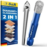S&R Bohrersatz Professional 2-tlg Set 8 mm Diamantbohrer und Karbid Glasbohrer, (1 Diamantbohrer und Karbidbohrer mit Durchmesser: 8 mm), Harte Keramik, Granit, Glas, Porzellan, Fliesen, Feinsteinzeug, Marmor