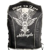 MDM Lederweste Herren Biker Lederweste Kutte (Totenkopf Prägung am Rücken, Biker Lederweste, Herren Biker Kutte)