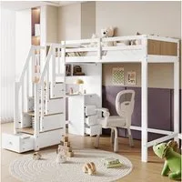 Flieks Hochbett Kinderbett 90x200cm mit Stauraumtreppe und Schreibtisch mit Schrank