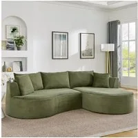 OKWISH Sofa Inkl. Getränkehalter & Kissen, vakuumverpackt, für Wohnzimmer, Bogenförmiges Design, weicher Cordstoff in Grün 1 Teile, 3-Sitzer Kompressionssofa mit rechte Chaiselongue
