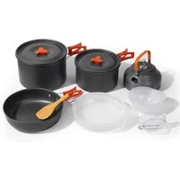 GLIESE Topf-Set Tragbares Camping-Kochgeschirr-Set, Aluminium (Set, 13-tlg., Topf/Kaffeekanne/Bratpfann/Esslöffel/Reisöffel/Plastikschüsseln), für Wanderungen, Camping oder Picknicks.