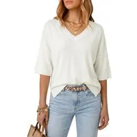 Arach&Cloz Kurzarmpullover Damen Oversized Sommer-Strickpullover, V-Ausschnitt (1-tlg) Ellenbogenlangarm, weicher Woll-Mix, luftig, für Büro Freizeit