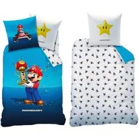 BERONAGE Kinderbettwäsche Super Mario Kart Champion Trophy Bettwäsche Linon / Renforcé, 100% Baumwolle, 2 teilig, 135x200 + 80x80 cm