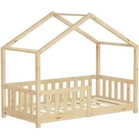 ML-DESIGN Spielbett Hausbett Kinderbett inkl. Lattenrost & Rausfallschutz Kinder Bodenbett, Abenteuerbett 70x140cm Haus Bett Himmelbett Kiefer Jugendbett Natur