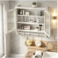 MODFU Hängeschrank Zweitüriger Wandschrank 70 cm,Stauraumschrank Hängevitrine (Vintage Glas-Wandregal mit Doppelglastüren und 3 Regalen – Wandmontage für Badezimmer, Küche, Esszimmer – Praktischer Handtuchhalter und Stauraum in Naturholzoptik) Gewich