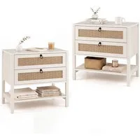 COSTWAY Nachttisch mit 2 Schubladen und offenem Regal Holz (2-St), Rattan Nachtkonsole