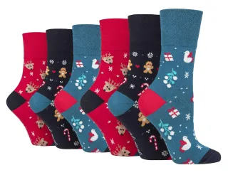 Gentle Grip - 6 Paar Damen Neuheit Weihnachten Socken - blau / rot / grau